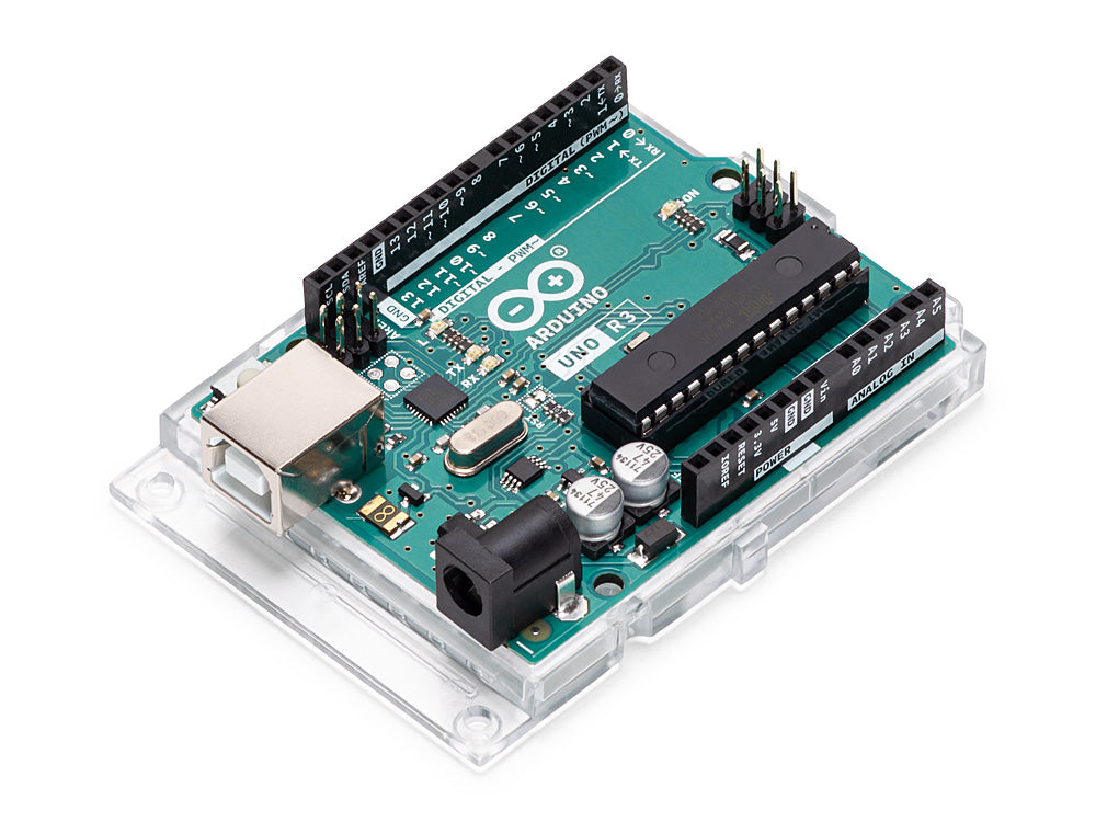 Isometric view of the Arduino Uno Rev3 board mounted on a transparent acrylic base, showcasing the ATmega328P microcontroller, USB-B port, power jack, and I/O pin headers.