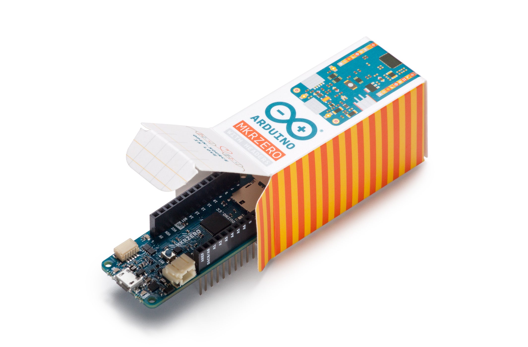 Unboxed Arduino MKR Zero board presented alongside its retail packaging.