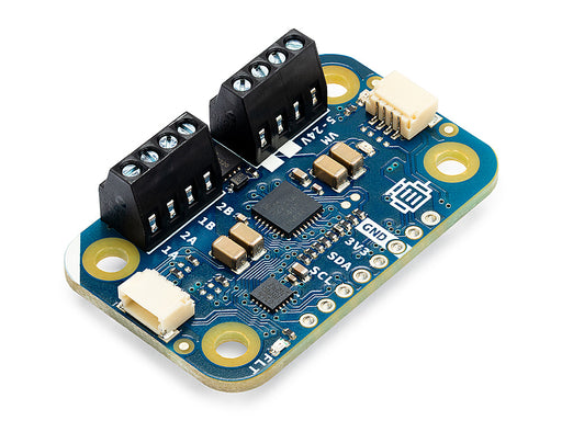 Isometric angled view of the Arduino Modulino Motors controller board, highlighting the micro-components and I2C connection ports for DIY robotics projects.