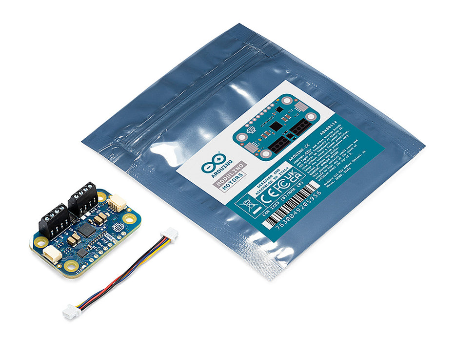 Unboxed Arduino Modulino Motors circuit board resting next to its protective anti-static packaging bag, showing the compact scale of the motor driver module.