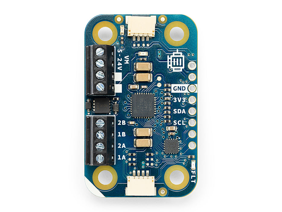 Top down view of the Arduino Modulino Motors module, showing the central motor driver chip and plug-and-play connectors on a compact circuit board.