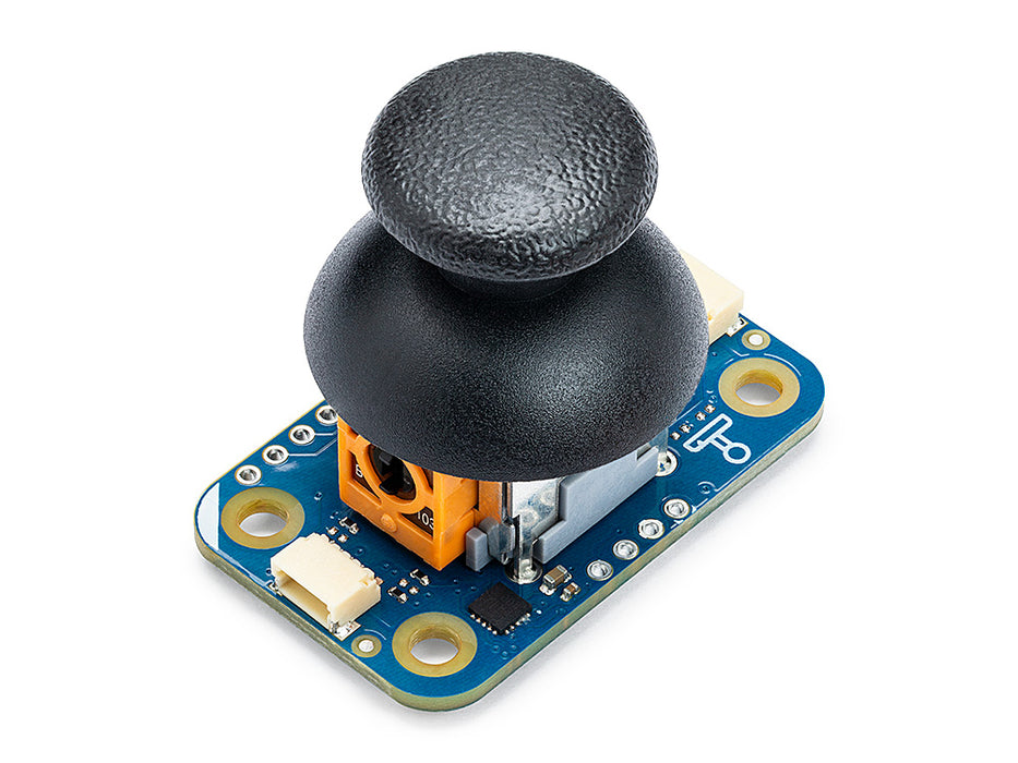 Joystick module with two black knobs on a blue circuit board against a white background