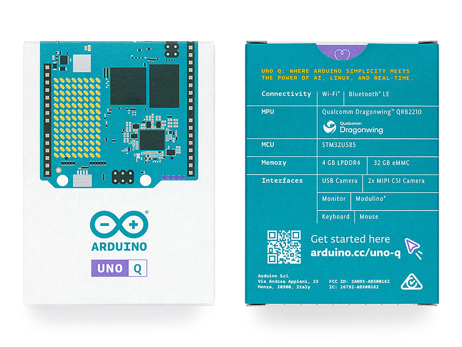 Front and back view of the Arduino Uno Q retail packaging, detailing technical specs including Qualcomm Dragonwing QRB2210 MPU, 4GB LPDDR4 RAM, and Wi-Fi connectivity.