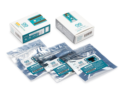 Individual retail packaging for the Arduino Matter Discovery Bundle, showing the Nano Matter and Nano Connector Carrier boxes next to three Modulino sensor pouches.