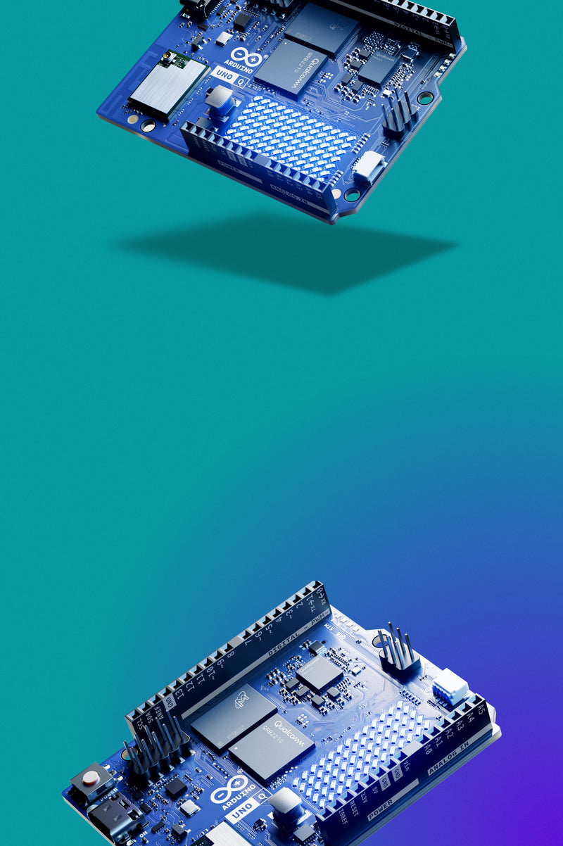 Close-up of the blue Arduino UNO Q development board with Qualcomm components, highlighting its integrated wireless module. Shop the powerful new Arduino UNO Q microcontroller.