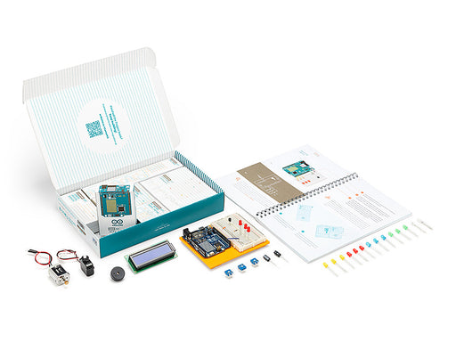 Overhead flat lay of the Arduino Starter Kit R4 components: Arduino Uno R4, project book, LCD, breadboard, USB cable, servo and DC motors, battery snap, LEDs, resistors, jumper wires, and component holder.