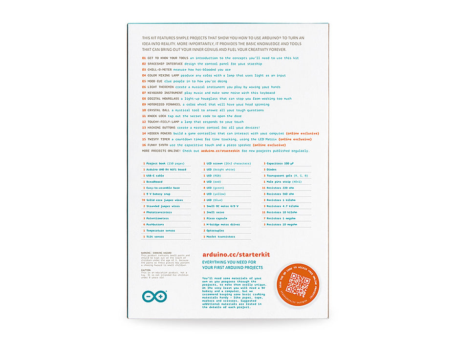 Back cover of the Arduino Starter Kit R4 box, listing 16 projects (e.g., 'SPACESHIP INTERFACE') and a full inventory of parts including the Uno R4 WiFi board, LCD screen, sensors, resistors, and wires.