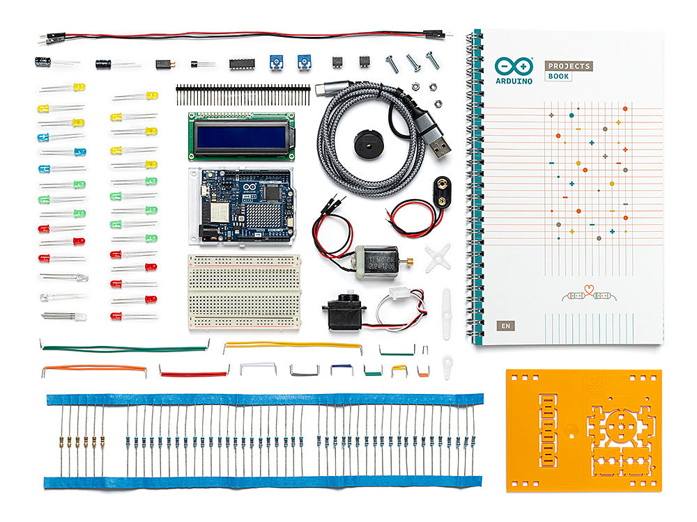 Overhead flat lay of the Arduino Starter Kit R4 components. Includes the Arduino Uno R4 board, a spiral-bound project book, 16x2 LCD screen, large breadboard, USB cable, servo and DC motors, 9V battery snap, various colored LEDs, a full bandolier of resistors, jumper wires, and a yellow component holder board.