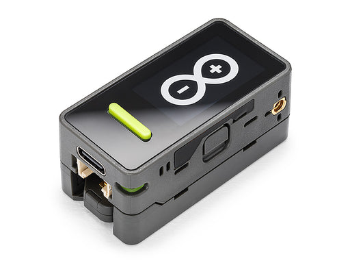 Arduino Nesso N1 ESP32-C6 IoT device in its black enclosure, showing the 1.14” touch display and ports, on a white background.