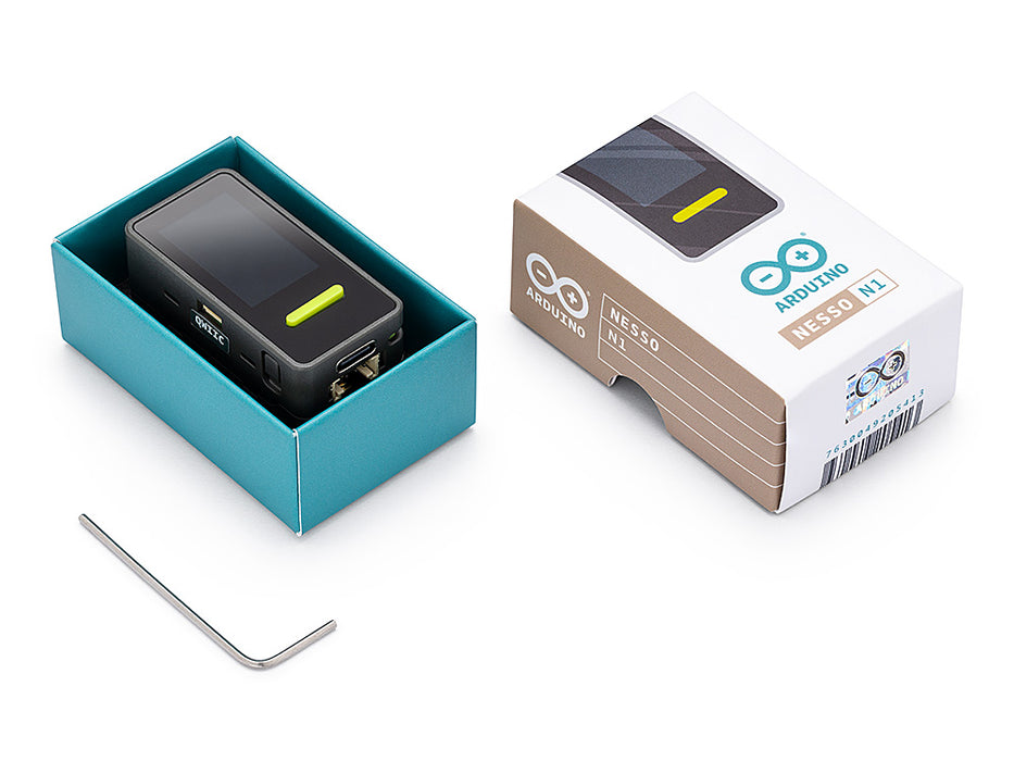 Arduino Nesso N1 next to its light blue and white product packaging box, showing the compact size.
