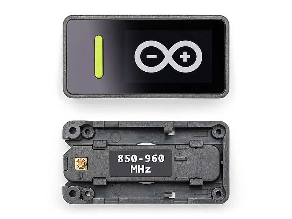 Top and bottom view of the Arduino Nesso N1 enclosure components, highlighting the antenna connector port.