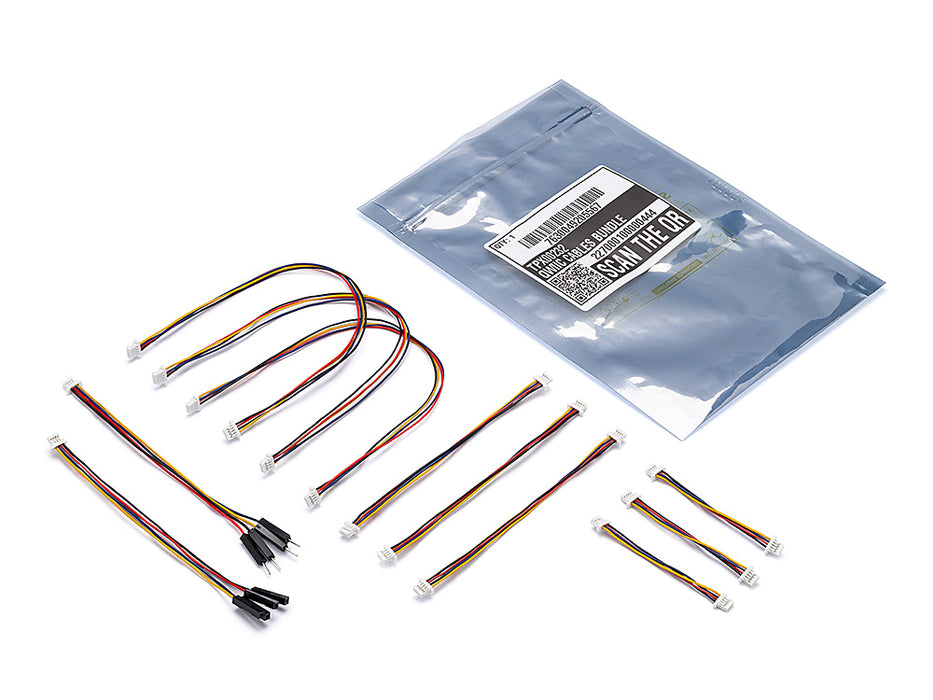 Unpacked Qwiic Cables Bundle with three 50 mm, three 100 mm, and three 200 mm Qwiic cables, plus one 100 mm male header and one 100 mm female header displayed alongside the opened bag.