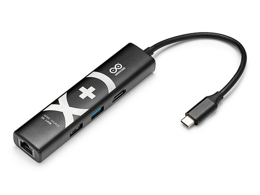 Perspective view of the official Arduino 8-in-1 USB-C Hub showing the RJ45 Ethernet port, USB-A, and HDMI connections for UNO Q and SBC projects.