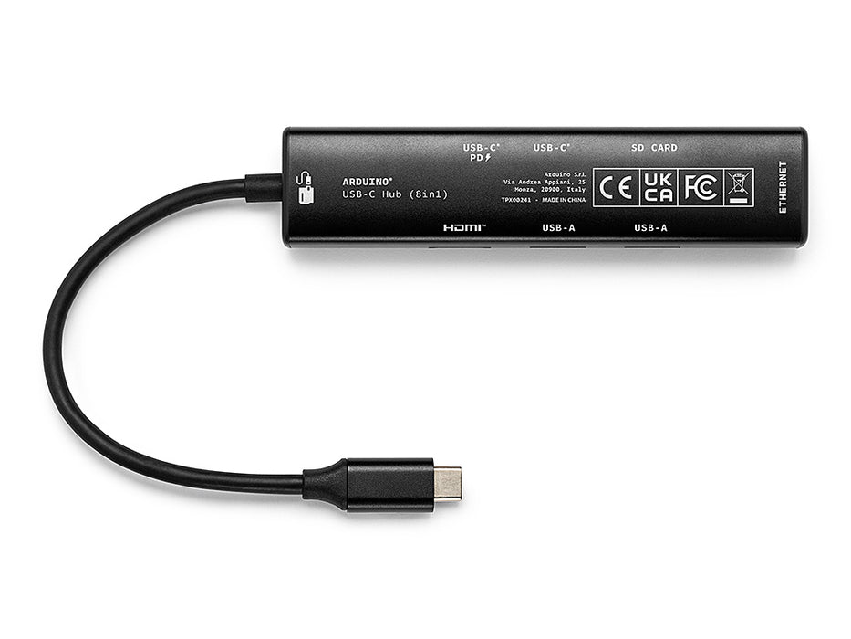 Underside of the Arduino 8-in-1 Hub with technical labels for 65W Power Delivery, 4K HDMI, SD card reader, and Ethernet ports.