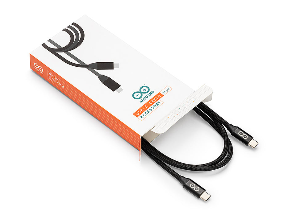 Arduino USB-C Cable Accessory 24-pin being removed from its white and orange retail packaging.