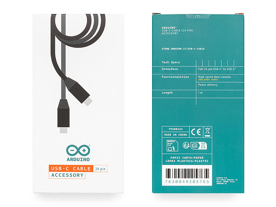 Front and back of the Arduino USB-C Cable box showing technical specifications: 1m length, 24-pin interface, and high-speed video/data support.