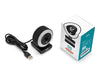 Unboxed Arduino USB Camera beside its white and teal retail box, showing the webcam with illuminated LED ring, monitor clip base and coiled USB-A cable.