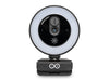 Front view of the Arduino USB Camera, featuring the illuminated LED ring, sliding privacy shutter above the lens, touch-dimming light icon and Arduino logo on the base.