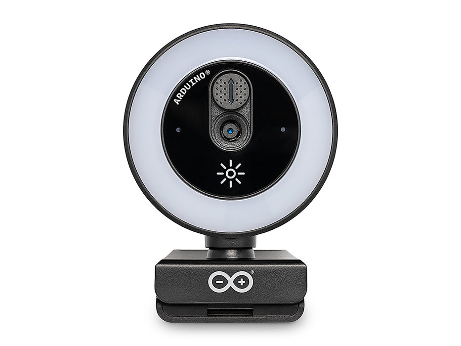 Front view of the Arduino USB Camera, featuring the illuminated LED ring, sliding privacy shutter above the lens, touch-dimming light icon and Arduino logo on the base.