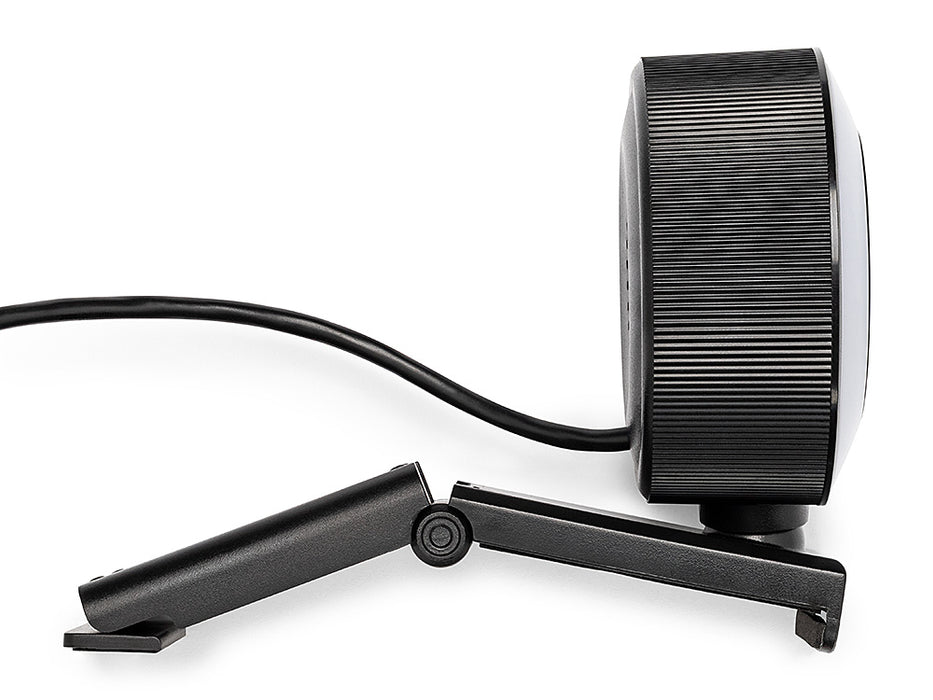 Side view of the Arduino USB Camera, showing the ribbed cylindrical housing, attached USB cable and hinged monitor clip unfolded into a flat stand.