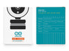 Front and back of the Arduino USB Camera retail box, showing the product illustration and teal specification panel covering resolution, lighting, focus, audio, mounting and interface.