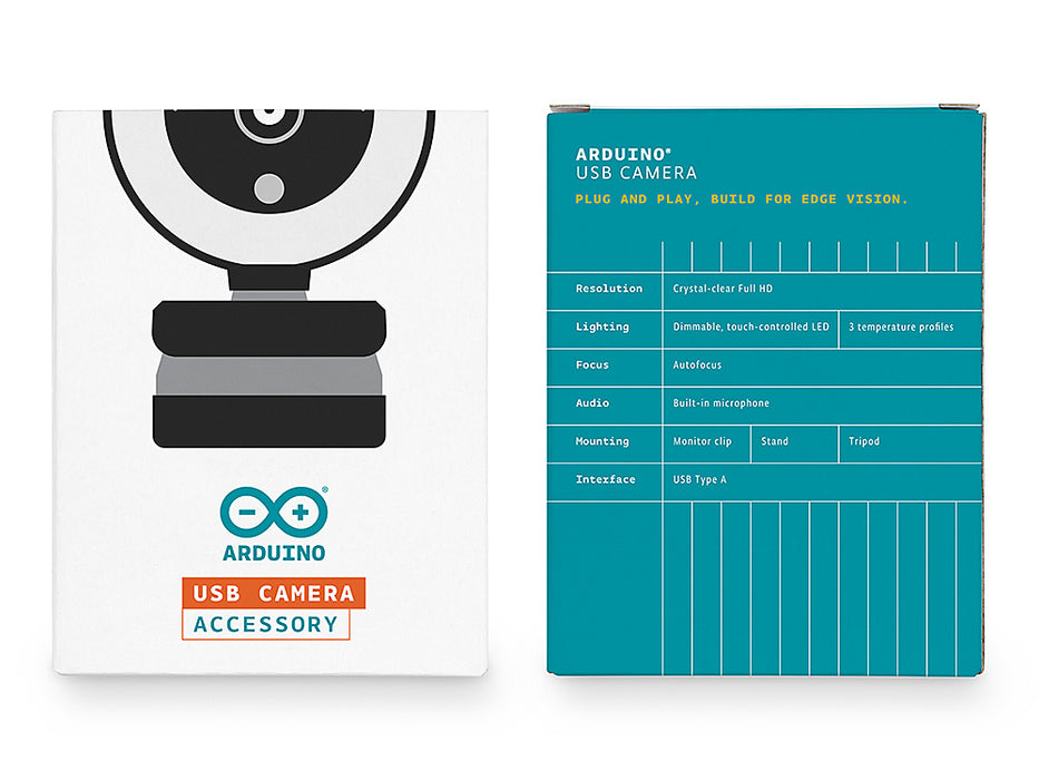 Front and back of the Arduino USB Camera retail box, showing the product illustration and teal specification panel covering resolution, lighting, focus, audio, mounting and interface.