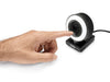 Lifestyle view of a finger touching the light icon on the Arduino USB Camera, demonstrating the touch-controlled dimming of the illuminated LED ring.