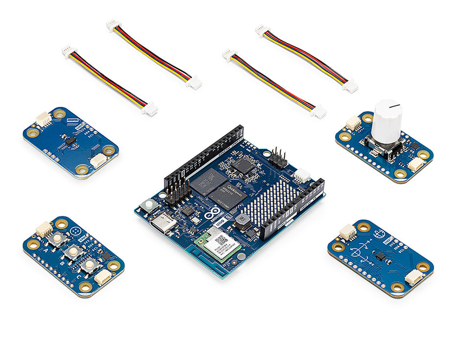Isometric view of the Arduino UNO Q DIY Synth bundle components, featuring the main UNO Q board surrounded by four distinct Modulino sensor boards and four connector cables on a white background.
