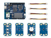 Top-down flat lay view of the Arduino UNO Q DIY Synth bundle, displaying the UNO Q microcontroller, four connector cables, and four different Modulino boards including buttons and a knob.