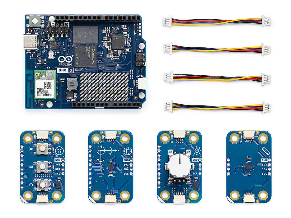 Top-down flat lay view of the Arduino UNO Q DIY Synth bundle, displaying the UNO Q microcontroller, four connector cables, and four different Modulino boards including buttons and a knob.
