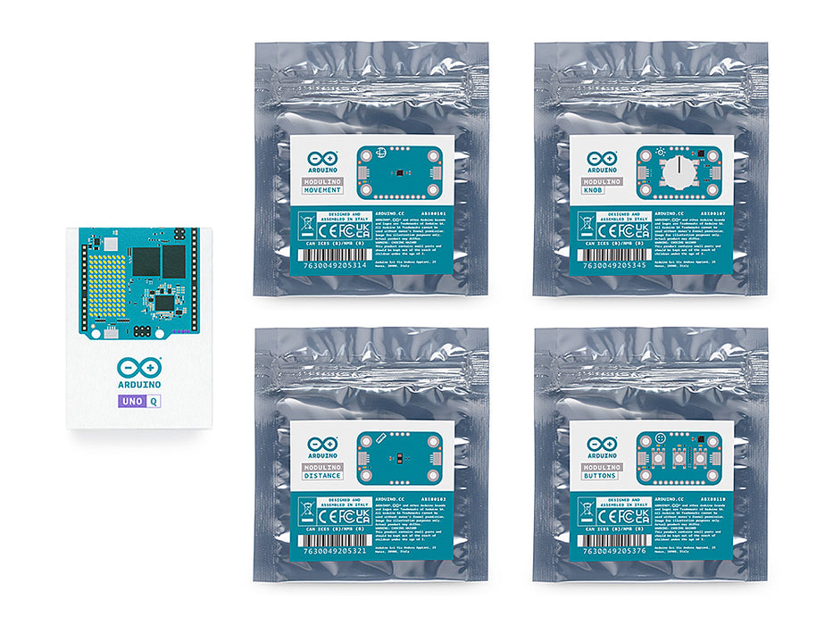 Front packaging of the Arduino UNO Q DIY Synth bundle, showing the UNO Q product box alongside four sealed silver anti-static bags labeled for Modulino Movement, Knob, Distance, and Buttons.