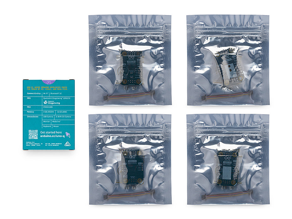 Back view of the Arduino UNO Q DIY Synth bundle packaging, displaying technical specifications on the teal UNO Q box and the Modulino hardware visible through the back of four anti-static bags.