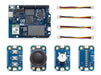 Front view of the Arduino UNO Q board and its Modulino accessory modules, including buttons, joystick, knob, and pixel boards with connector cables.