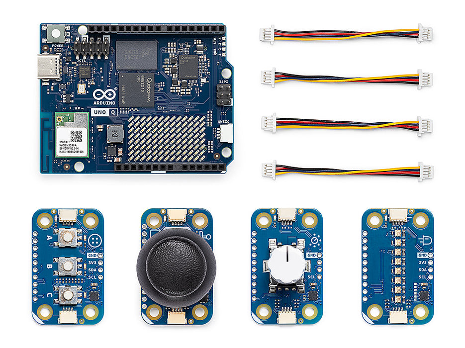 Front view of the Arduino UNO Q board and its Modulino accessory modules, including buttons, joystick, knob, and pixel boards with connector cables.