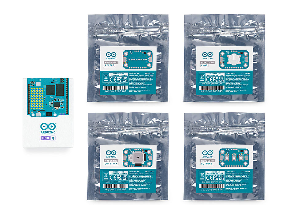 Retail box contents of the Arduino UNO Q SBC controller bundle, showing the UNO Q board and four sealed Modulino module packages labeled Pixels, Knob, Joystick, and Buttons.