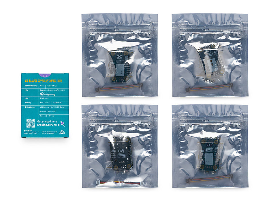 Retail box view of the Arduino UNO Q SBC controller bundle, showing a spec card and four sealed silver pouches each containing a small circuit module.
