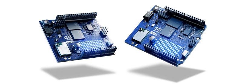 Two Arduino UNO Q microcontroller boards floating side-by-side against a gray background. The boards feature a blue PCB with a white LED matrix, a Qualcomm processor, and integrated Wi-Fi modules, shown from a perspective view with soft shadows below.