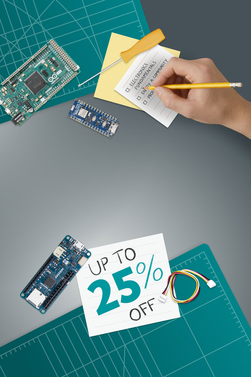 A panoramic banner for the Arduino Store winter sale featuring an overhead view of a green cutting mat workspace. On the right, various electronic components like an Arduino Due, a breadboard, and jumper wires surround pieces of paper. The largest paper displays "UP TO 25% OFF" in hand-drawn teal and black lettering. A hand is shown holding a yellow pencil, ticking off items on a checklist that includes "ELECTRONICS FUNDAMENTALS," "ENJOY COMMUNITY," and "PROGRAMMING."