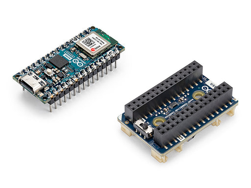 Arduino Nano ESP32 board with headers and Nano Connector Carrier placed side by side on a white background, showing the top faces of both components separately.