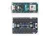 Close‑up of Arduino Nano ESP32 board positioned next to the Nano Connector Carrier on a clean white background, highlighting the plug‑and‑play connector interfaces, including Qwiic, Grove, Modulino modules, and microSD slot.