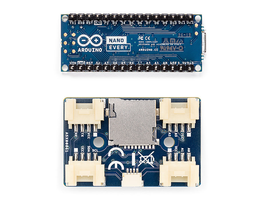 Rear view of the Arduino Nano Every board with headers and the Nano Connector Carrier, displayed separately on a white background to show the backside layout and connector details.