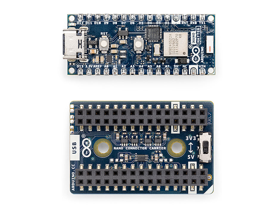 Close-up of Arduino Nano Matter board positioned next to the Nano Connector Carrier on a clean white background, highlighting the plug-and-play connector interfaces.