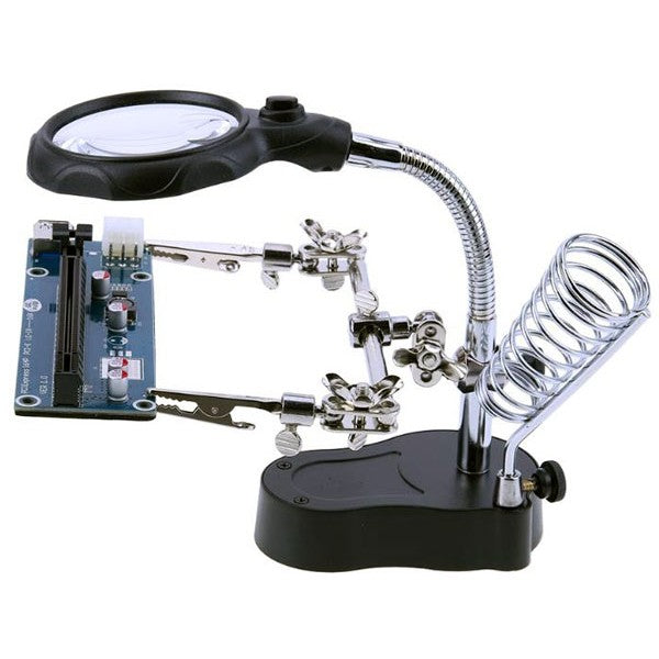 Third hand with lens, light and soldering iron stand